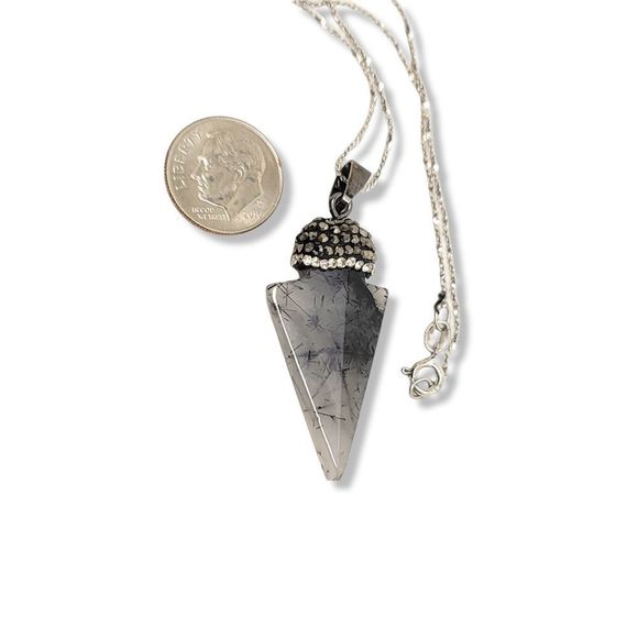 Rutilated Quartz Pointing Stone Arrow Gunmetal White Crystal accents Pendant 24" - Picture 5 of 6